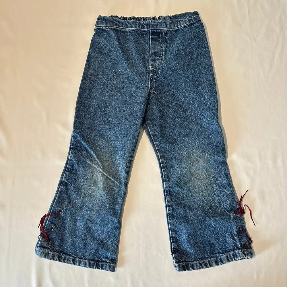 Vintage 2000s Denim Bell Bottom Jeans w/ Lace Up Flare Detailing Sz 5T